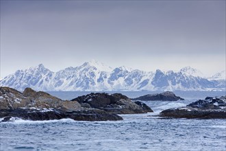 Mountains along the coast in the snow in winter