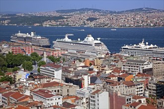 Cruise ships on the Bosporus River and bird's eye view over the city Istanbul