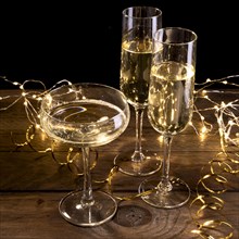 Close up champagne glasses table