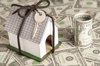 Wrapped house with keys money background