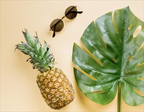 Top view pineapple with sunglasses leaf