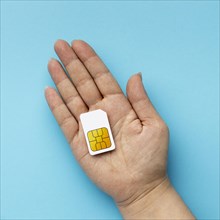 Top view hand holding sim card