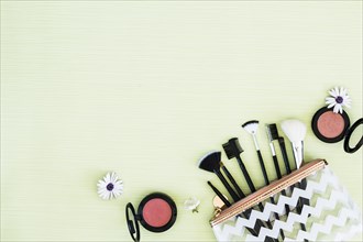 Flowers with makeup brushes compact face powder mint green backdrop