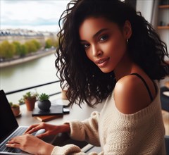 Beauty rendered young female model remote working with laptop at home in Paris
