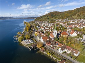 Aerial view of the village of Sipplingen on Lake Constance with autumn vegetation