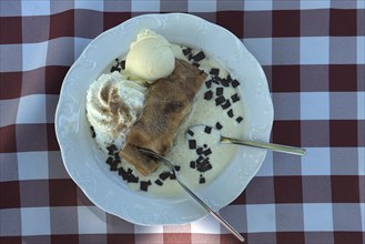 Apple strudel with ice cream and vanilla sauce served in a garden restaurant