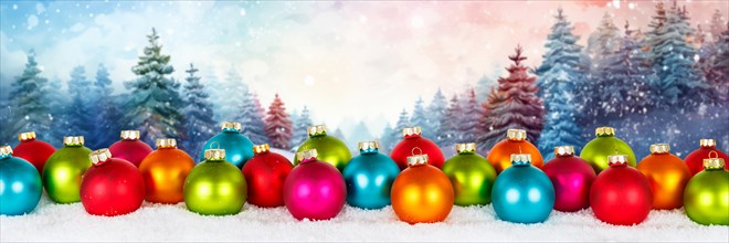 Christmas card with colourful Christmas baubles and forest in the background card banner and text free space copyspace decoration winter in Stuttgart