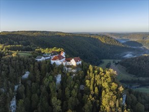 Aerial view of Wildenstein Castle near Leibertingen in the morning sun
