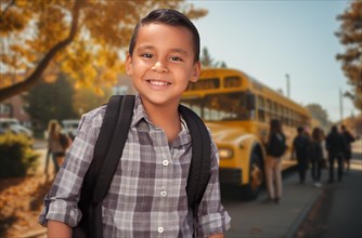 Cute young hispanic boy wearing a backpack near a school bus on campus