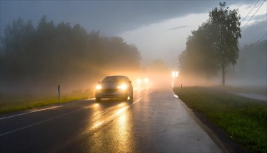 Cars driving on wet roads in foggy weather