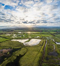 Panorama over Wetlands and Marshes in RSPB Exminster and Powderham Marshe from a drone