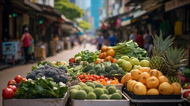 Colorful display of bountiful agricultural vegetables and abundant organic fresh fruits at an outdoor market. generative AI