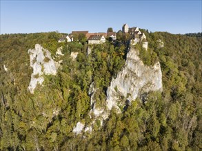 Aerial view of Werenwag Castle on a rocky spur in the upper Danube valley