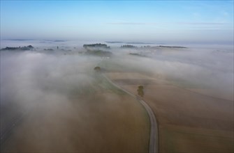 Drone view of a rural landscape shrouded in dense morning fog with a country road near Prambachkirchen