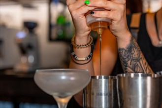 Close-up of the hands of bartender preparing a cocktail with shaker
