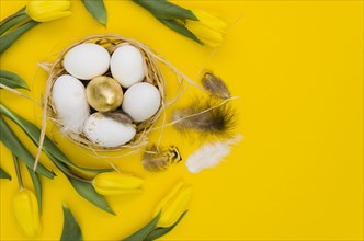 Flat lay easter eggs basket with tulips feathers
