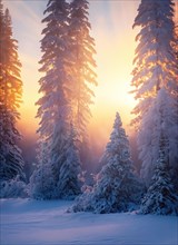 Sunlit foggy fir forest covered with snow in a cold winter morning. Vibrant sunrise piercing through the white frosty trees