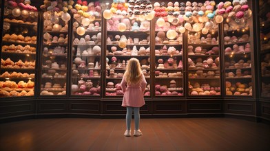 Young girl standing amid towering shelves of delicious pastries. generative AI