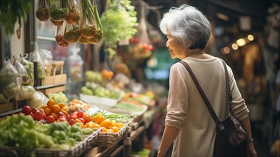 Senior adult chinese woman enjoying the farmers market with bountiful produce. generative AI