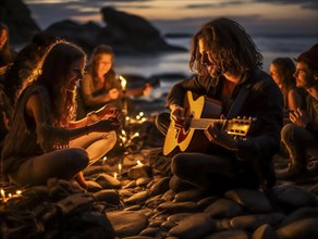 Young people relaxed on the beach with a campfire
