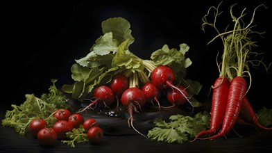 Still life of red radishes with green leaves and red turnips with black background