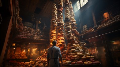 Young adult man standing amid A towering bountiful display of endless fresh breads