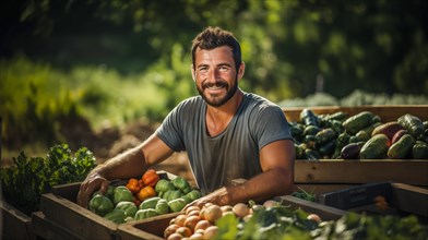 Bearded farmer tending to his fresh and bountiful produce harvest crates. generative AI