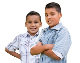 Two happy young hispanic school boys isolated on white