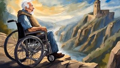 An old man sits in a wheelchair on a precipice