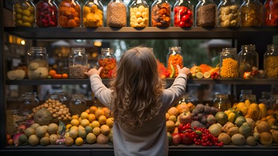 Back view of a small child reaching up toward a bountiful display of glass jars of food piled high at a market with a variety of fresh fruits and an abundant selection of colorful vegetables. generati...