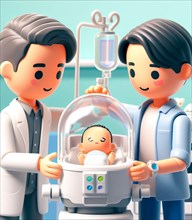 Illustration depicting medical staff people and father at the hospital take care of newborn baby at neonatology paedriatics ai generated