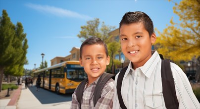 Two excited young hispanic boys wearing backpacks near a school bus on campus