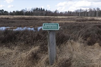 Biotope protection area sign in front of the wet meadows in the Professormoor in the Duvenstedter Brook nature reserve