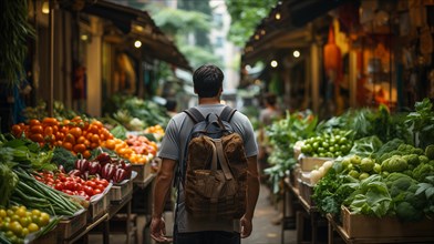 Young adult man with a backpack walking the bountiful farmers market. generative AI