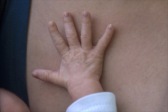 Spread baby's hand on the mother's skin