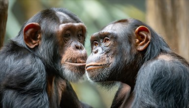 Two chimpanzees touch each other tenderly