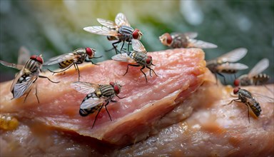 Flies sit on a piece of meat