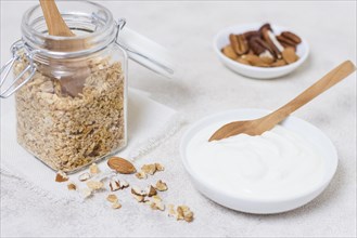 Close up organic yogurt bowl with oats