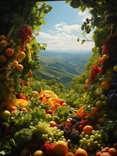 Colorful display of bountiful agricultural vegetables and abundant organic fresh fruits overlooking a beautiful vast valley below. generative AI