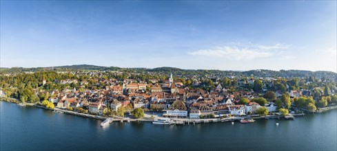 Aerial panorama of Ueberlingen on Lake Constance with the historic old town and the lakeside promenade Lake Constance district