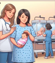 Illustration depicting mother and medical staff people at the hospital take care of newborn baby ai generated
