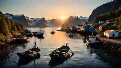 Small fishing village just in front of sunset