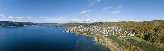 Aerial panorama of Lake Constance with the municipality of Bodman-Ludwigshafen with the lido