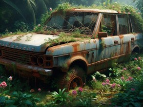 Abandoned rusty expensive atmospheric 4x4 suvas circulation banned for co2 emission 2030 agenda