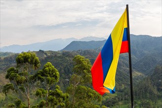 Flag of Colombia in front of a mountain landscape