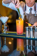 Vertical photo of a bartender garnishing a luxury cocktail on the counter