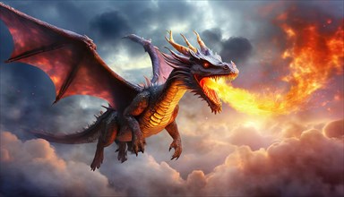 A fire-breathing dragon flies in the sky