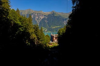 The Historical Grandhotel Giessbach on the Mountain Side with Lake Brienz in Bernese Oberland