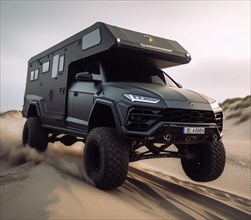 Black matte painted camper van offroad lifted 4x4 conversion from italian supercar vehicle circulate on sand jump drift ai generated
