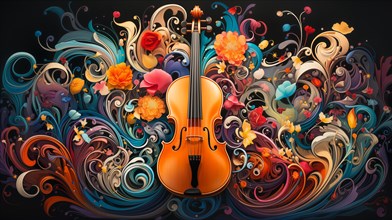 Vibrant colorful painting of a violin and flourishes representing the surrounding music produced. generative AI